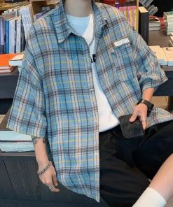 Riolio Men Clothing Summer Trendy Japanese Style Vintage Plaid Harajuku Shirt Casual Streetwear Y2K Oversized Short Sleeve Pocket Tops