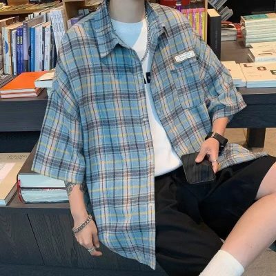 Riolio Men Clothing Summer Trendy Japanese Style Vintage Plaid Harajuku Shirt Casual Streetwear Y2K Oversized Short Sleeve Pocket Tops