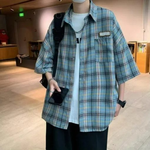Riolio Men Clothing Summer Trendy Japanese Style Vintage Plaid Harajuku Shirt Casual Streetwear Y2K Oversized Short Sleeve Pocket Tops - Image 3