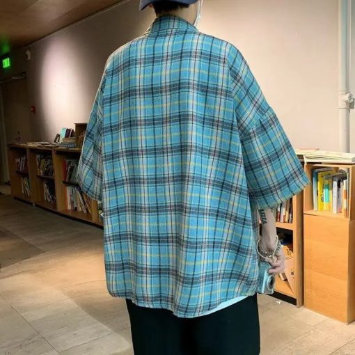 Riolio Men Clothing Summer Trendy Japanese Style Vintage Plaid Harajuku Shirt Casual Streetwear Y2K Oversized Short Sleeve Pocket Tops - Image 2