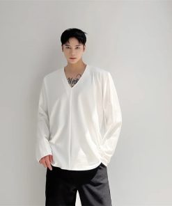 Riolio Men Casual T-shirt Long sleeves V neck shirt Solid color Sweatshirt Male Jogging Tracksuit Homme Athletic Shirt Tops