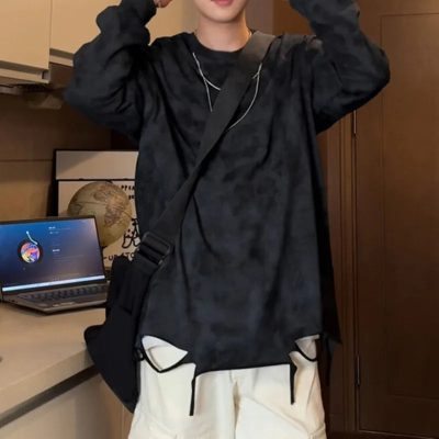 Riolio Men Women Tie-dye Long-sleeved T-shirt American O-neck Streetwear Spring Summer Hip-hop Hole Casual Loose Tops Black/White
