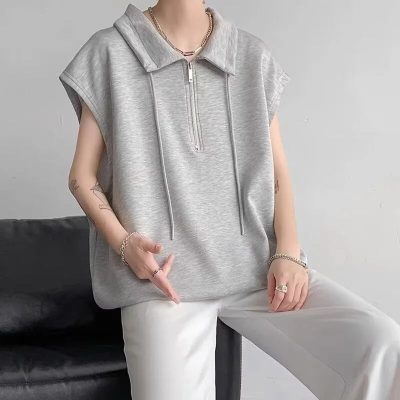 Riolio Summer Men's Half Zipper Lapel Sleeveless T-shirts Sports Gym Patchwork Casual Tank Tops Solid Color Y2K Streetwear Vest