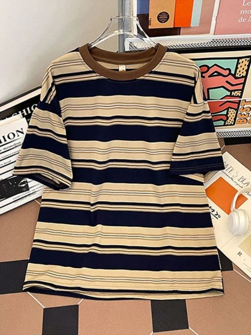 Riolio Summer Hip Hop Fashion Striped T Shirt For Men Cotton Casual Short Sleeve O-Neck T-shirts Y2K Streetwear Aesthetic Tee Tops - Image 8