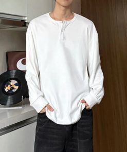 Riolio Warm Henry Collar Long Sleeve T shirt For Men Spring Autumn Casual Mens T-shirts Unisex Tee Tops Classic Clothes Men's T-Shirts
