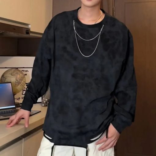 Riolio Men Women Tie-dye Long-sleeved T-shirt American O-neck Streetwear Spring Summer Hip-hop Hole Casual Loose Tops Black/White - Image 2