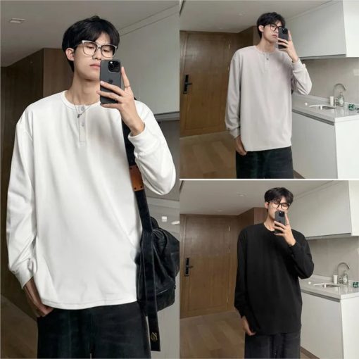 Riolio Warm Henry Collar Long Sleeve T shirt For Men Spring Autumn Casual Mens T-shirts Unisex Tee Tops Classic Clothes Men's T-Shirts - Image 3