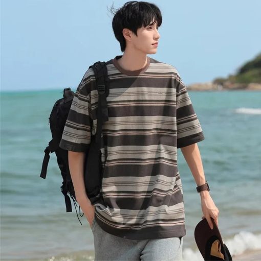 Riolio Summer Hip Hop Fashion Striped T Shirt For Men Cotton Casual Short Sleeve O-Neck T-shirts Y2K Streetwear Aesthetic Tee Tops