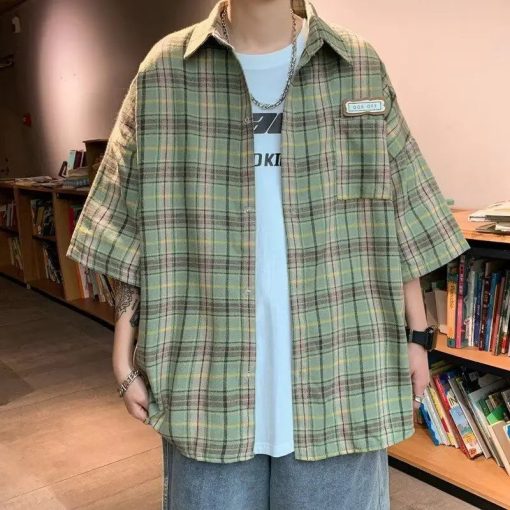 Riolio Men Clothing Summer Trendy Japanese Style Vintage Plaid Harajuku Shirt Casual Streetwear Y2K Oversized Short Sleeve Pocket Tops - Image 4