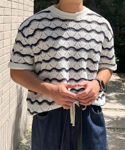 Riolio Summer Men's Knit Jacquard Short Sleeve T-shirts Striped Hollow Out Casual Tshirts New Y2K Vintage Streetwear Tee Tops