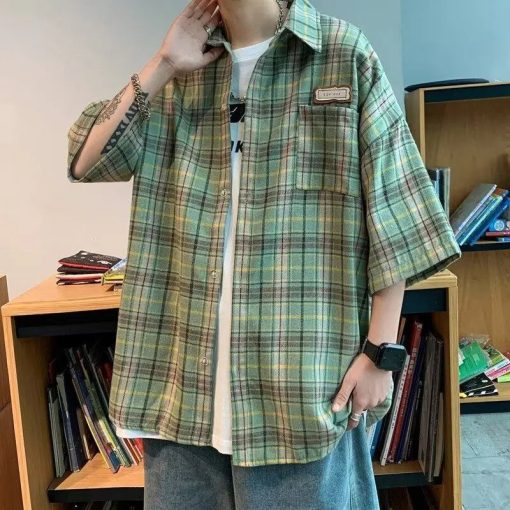 Riolio Men Clothing Summer Trendy Japanese Style Vintage Plaid Harajuku Shirt Casual Streetwear Y2K Oversized Short Sleeve Pocket Tops - Image 6
