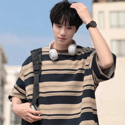 Riolio Summer Hip Hop Fashion Striped T Shirt For Men Cotton Casual Short Sleeve O-Neck T-shirts Y2K Streetwear Aesthetic Tee Tops - Image 2