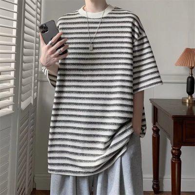 Riolio Summer High Street Striped Short Sleeve Men's Tee Shirts 2025 New Loose Y2K Vintage Crewneck T-shirts Cotton Colorblock Tops