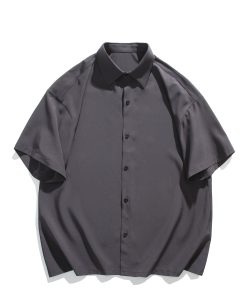 Riolio Men'S Summer Short Sleeve Shirt. Casual Square Neck Polyester 92% Spandex 8% Woven Fabric. Solid Color Loose Fit -Like Top. Slight Stretch for Comfort