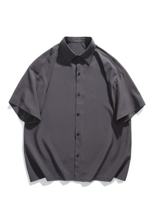 Riolio Men'S Summer Short Sleeve Shirt. Casual Square Neck Polyester 92% Spandex 8% Woven Fabric. Solid Color Loose Fit -Like Top. Slight Stretch for Comfort
